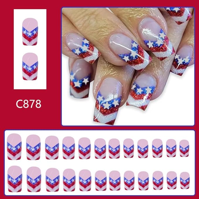 Independence Day Press on Nails Medium Square False Nails with Red Blue American Flag French Tips Design White Star Fake Nails Glossy Glitter 4th of July Glue on Nails for Women Girls Manicure 24Pcs