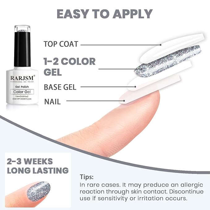RARJSM Reflective Glitter Gel Polish Bright Silver Pigments 7.5ml Holographic Rainbow Iridescent Shimmer L E D U V Soak Off Sparkle Diamond Gel Polish Nail Art Manicure Salon DIY at Home 1pcs