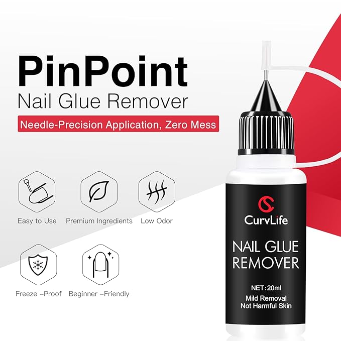 Curvlife 20ml Pinpoint Nail Glue Remover for Press on, Multi-Functional Remover for Nails Tips, Gentle Glue Remover for Gel x Nails, Non-Acetone Nail Polish Remover (Pack of 2)