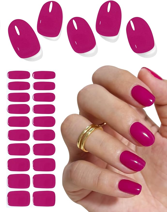 Semi Cured Gel Nail Strips, 20pcs Purple Cherry Gel Nail Stickers for Home Nails DIY