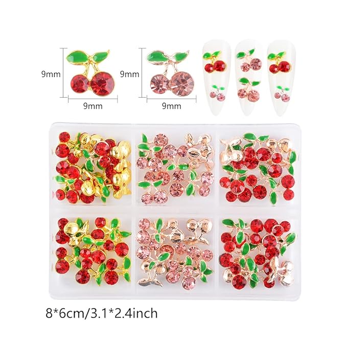 60Pcs Cherry Nail Charms 3D Cherry Nail Rhinestones Glitter Nail Gems Metal Gold Rose Gold Kawaii Fruit Nail Charms for Girl DIY Nail Art Craft Accessories