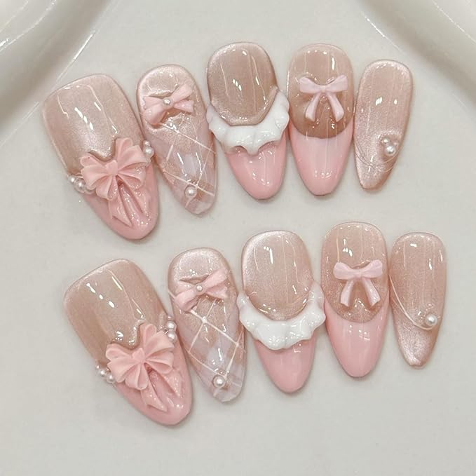 10 Medium Almond Handmade Press On Nails | Kawaii Pink Cat Eye Fake Nails with 3D Bow, Argyle & Pearl Accents | Reusable Nails(5U02, S)
