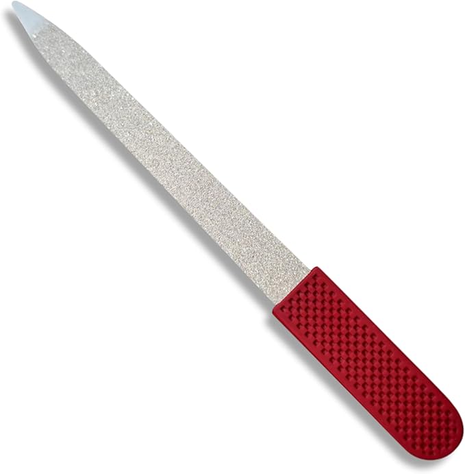 Professional Ruby Red Sapphire Nail File – Fine & Coarse, 5" Stainless Steel, Double-Sided Metal File, Ergonomic Non-Slip Handle, for Natural, Gel, Acrylic Nails, Manicure & Pedicure Tool