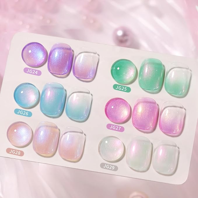 Born Pretty Pearl Gel Nail Polish Set 6 Colors Spring Summer Aurora Iridescent Shimmer Pearl Pink Purple White Mermaid Nail Drawing Gel Polish Shell Aurora Effect Nail Gels DIY Gift
