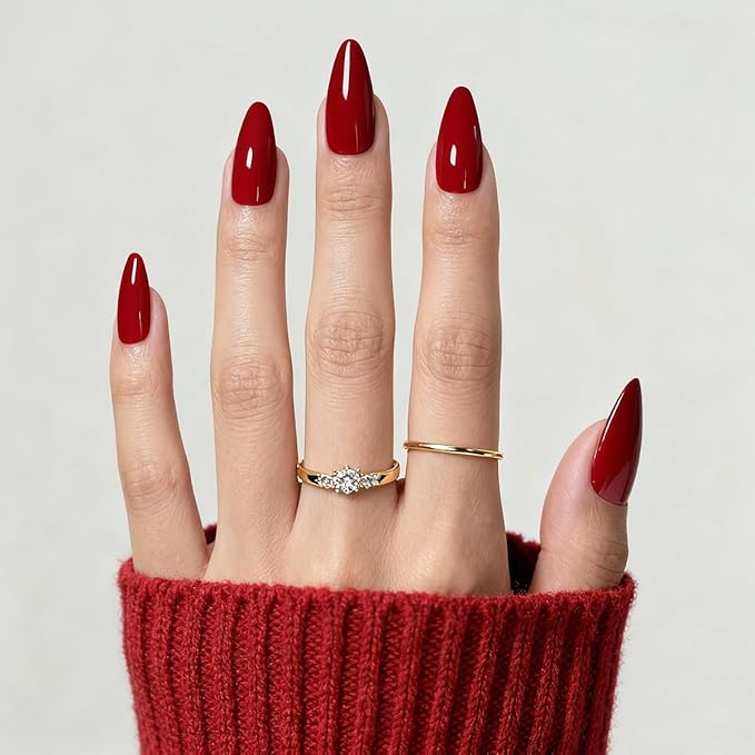 Wine Red Press On Nails Almond - Medium Dard Red Acrylic Nails Press Ons, Glue On Nails for Party Birthday Holiday Valentines Gift in 15 Sizes - 30 Fake Nails Kit, Dark Red
