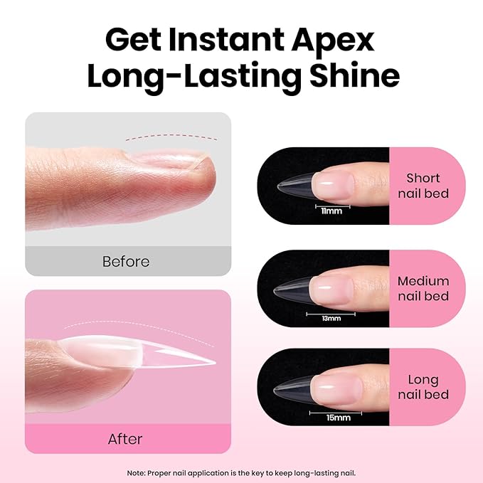 Beetles Tipex Lite Apex Nail Tips Kit, Stiletto Medium,192pcs 16 Sizes, with UV Nail Glue, Base & Top Coat, Mini Nail Lamp, Nail Clipper & Cuticle Nipper, Pre-Building Pre-Etched