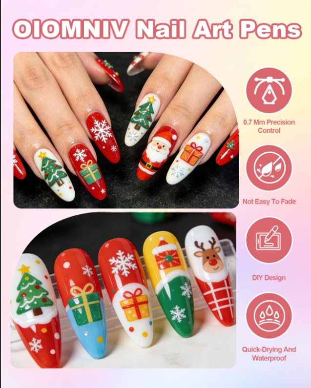 Oiomniv Acrylic Nail Art Pens Set, 12 Colors Quick Dry Nail Design Markers with Clear Number Codes, Fine Tip Paint Pens for Gel Polish, DIY Manicure Kit with 10 Nail Stickers