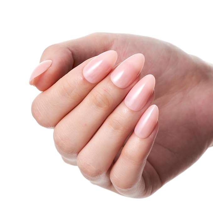 GLAMERMAID Light Pink Nude Press On Nails Short Almond, Translucence Coral Glossy Handmade Soft Jelly Gel Fake Nails, Pure Round Oval Stick Glue on Nails Kit for Women, Reusable Acrylic False Nail Set
