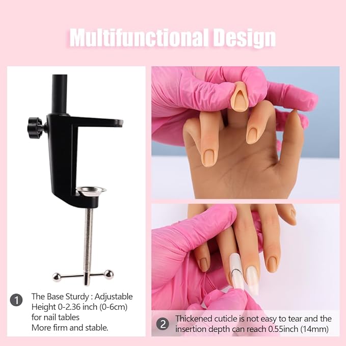 Silicone Practice Hand for Acrylic Nails, Mannequin Hands for Nails Practice with Adjustable Bracket, Life Size Fake Hand for DIY Nails/Nail Art Beginners/Nail Salon Artists