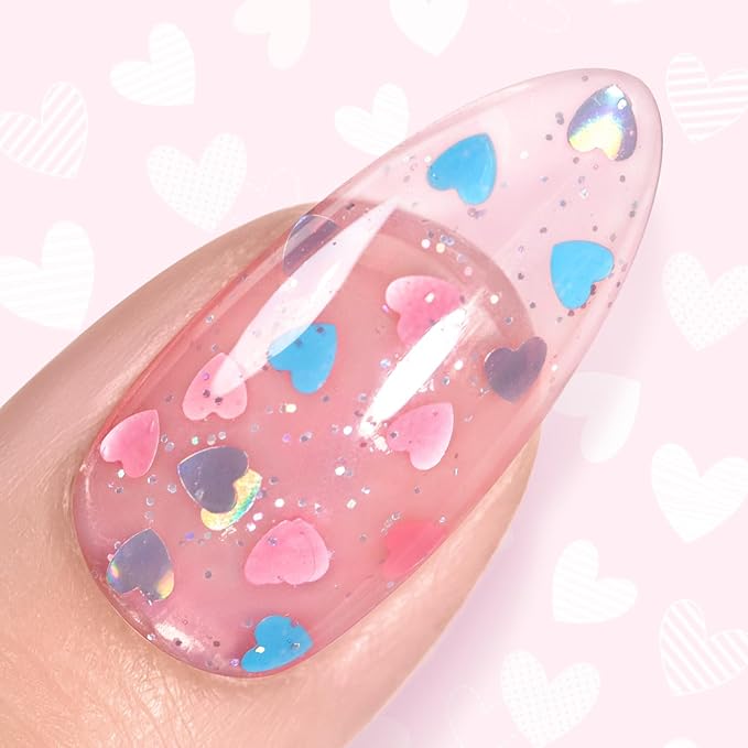 RARJSM Nude Clear Pink Heart Shape Glitter Gel Nail Polish Pink Holographic Laser Rainbow Effect Sparkle Shimmer Jelly Gel Polish Glossy Shine 8ml Soak Off Curing Need Home Salon DIY Nail Art Design