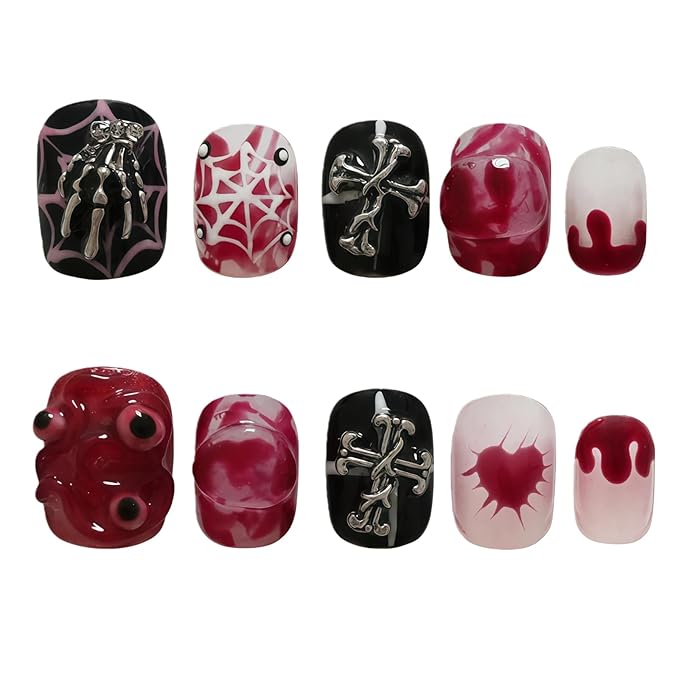Nightmare Before Christmas Press on Nails Dark Gothic Fake Nails - Short Black White Square Nails with Spider Skeleton Cross Eyes Charms Shiny Artificial Stick on Nails for Women (Halloween Monster,M)