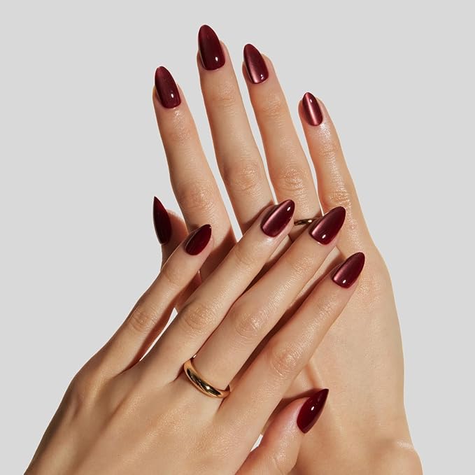 LAMIMOSA 32Pcs Burgundy Red Cat Eye Press On Nails Short Almond – Soft Gel Fake Nails kit in 16 Sizes, Reusable Glue on Nails, SPARKLING RED