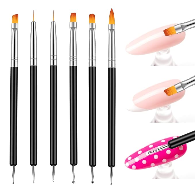 6Pcs French Nail Brush Set, Double-Ended Nail Art Brushes, Acrylic Nail Clean Up Brush with Dotting Tool, Fingernail Art Design Pens (14.5#, 14.7#, 14.7#, 15#, 15#, 15.5#)