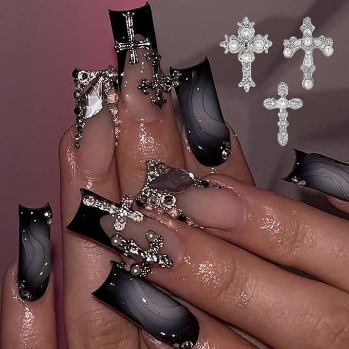 80Pcs Cross Nail Charms Gold Silver Y2k Nail Art Rhinestones Gems Shiny Nail Jewelry Acrylic Accessories for Women DIY Nail Decorations