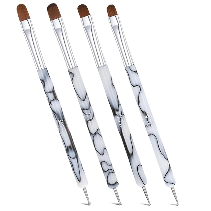 4 PCS French Tip Brush for Nails, 2-Way French Acrylic Nail Brushes with Dotting Tool, Acrylic Nail Tip Tool Brushes for Nails Detailed Designs DIY Manicure Salon