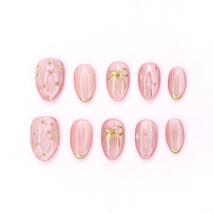Pink Press on Nails Thick and Muti-Layer Gel Fake Nails Bow French Tip False Nails with Bow Star Design White Hand-draw Lines Stick on Nails Full Cover Artificial Nail for Women DIY (Size M)
