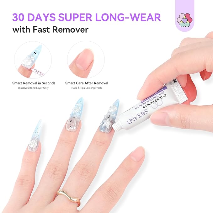 SAVILAND Solid Nail Glue Gel & Remover Kit: Press On Nail Packaging 10-Pack Travel Pocket-sized Press On Nail Tool Kit Nails Glue Long-Wear with 5s Fast Gel Nails Glues Remover