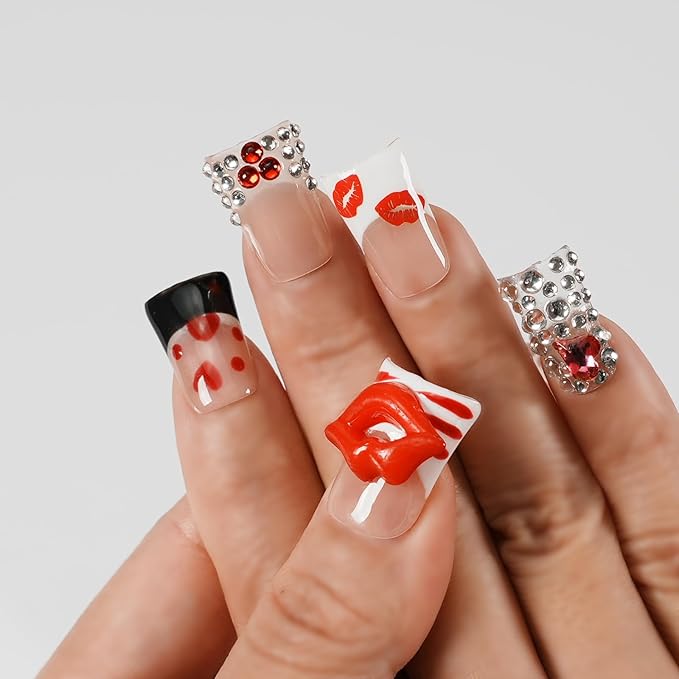 Press on Nails Handmade Short Duck, 3D Red Lips & Heart Fake Nails, Bling Rhinestone Nails, French Tip Art Designs Reusable Acrylic Artificial Stick On Nails (Red Lip Passionate Heart,M)
