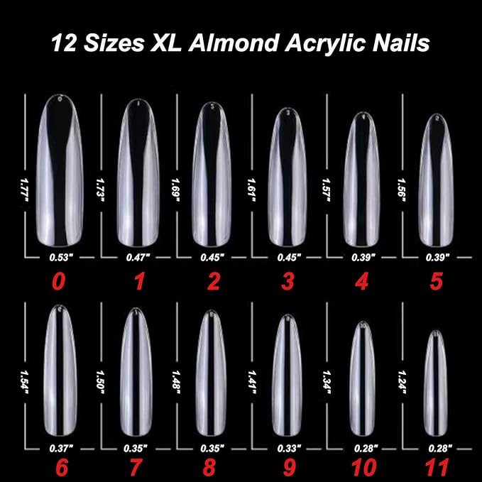 LoveOurHome 240pc XL Clear Almond Acrylic Nail Tips Full Cover Extra Long Fake Nails Oval Press on Nail Clear 12 Size False Naills for Gel Nail Extension Finernails Designs