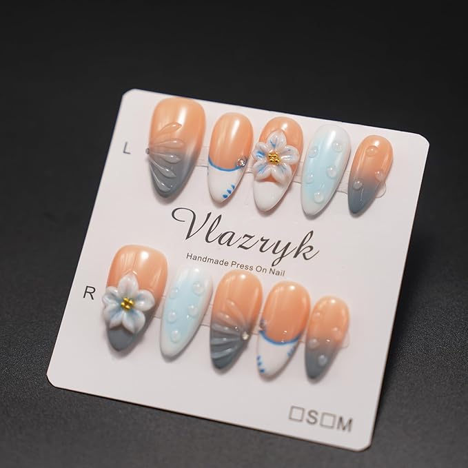 Handmade Press-On Nails for Women - Medium Almond Fake Nails | Luxury Gradient Blue 3D Floral Design | Reusable Salon-Quality Glossy Acrylic False Nails.