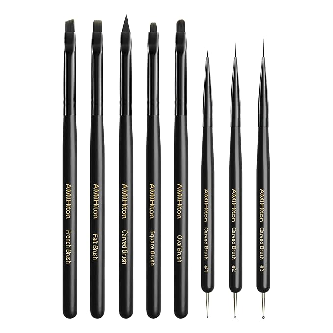 8PCS Nail Art Brush Set for Gel & Acrylic – French Tip, Flat, Oval & Carved Liner Brushes with Dotting Tools, Professional Builder Poly Gel Nail Design Kit