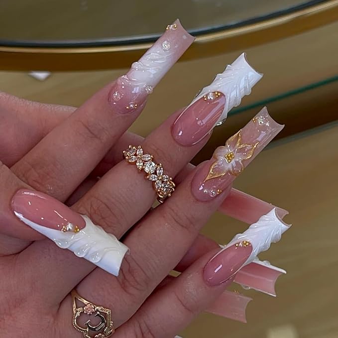 Long Square Press on Nails, Gold Embossed Flowers Acrylic Press on Nails with Cute Pearl Charms Designs，Long Press on Nail for Women 24pcs