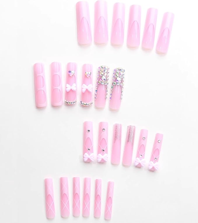Press on Nails Square - Extra Long Fake Nails with 3D Rhinestones and Bows, Pink French Tips Cute False Nail, Stick On Nails for Women, 12 Sizes - 24 Nail Kit, Candy Ballet