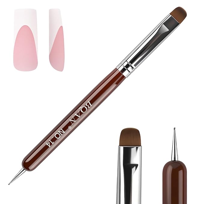 BQAN French Tip Brush Acrylic Nail Brush French Tip Clean up Brush 2 Way Nail Art Brushes with Dotting Tool for Nails Art Design Salon & Home Use (14#)