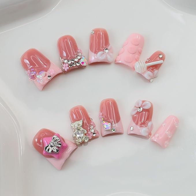 10Pcs Handmade Pink Press on Nails Short Duck Fake Nails with 3D Bear Butterfly Flower Rhinestone Design Pink French Tip False Nails Cute Acrylic Nails Press ons Handmade Stick on Nail for Women (M)