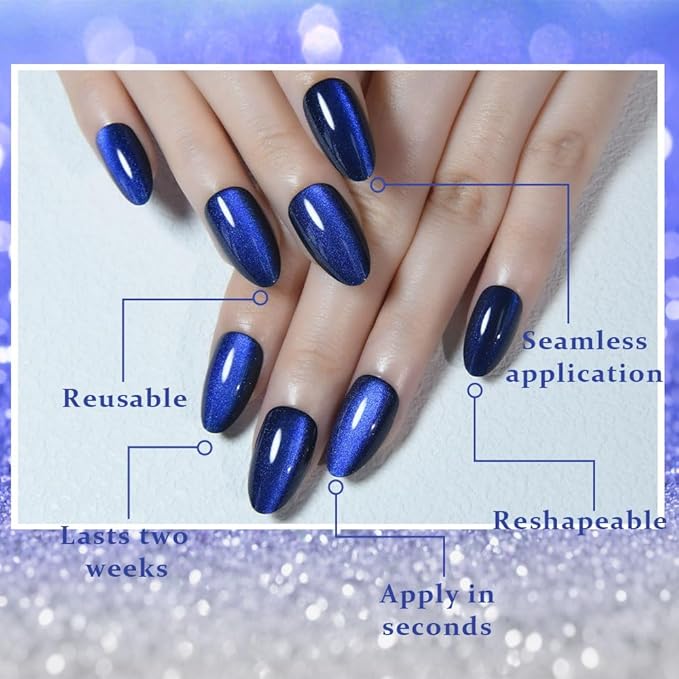 evpct Dark Blue Press on Nails Almond Short, Sapphire Royal Blue Cat Eye Glitter Press on Nails for Women Gift, Soft Gel Press Stick on Nail with Nail Kit, 60Pcs Reusable Acrylic Fake Nails Kit
