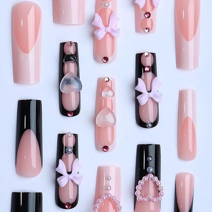 Square Press on Nails Long Black and White Fake Nail Pink Bow with Heart Shape Water Drop Acrylic Nail Press ons Glossy Rhinestones Stick on Nail for Women 24pcs