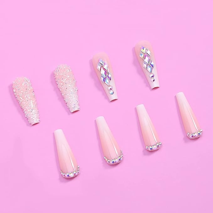 Artquee 24pcs French Nude White Ballerina Flash Diamond Crystal Long Glossy Coffin Flash Fake Nails Press on Nail False Tips Manicure for Women