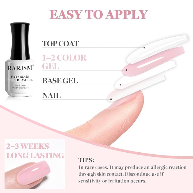 RARJSM Nude Sheer Candy Pink Fiber Glass Rubber Base Gel Nail Polish for Repair Broken Nails StrengthenerGel Base Coat Transparent Brush on Building Gel in a Bottle Soak Off Curing Requires 15ml