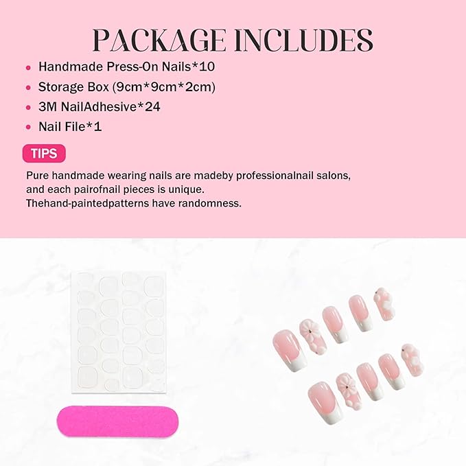 Luxury Press on Nails Medium Square Handmade Fake Nails 3D Flower Embossed False Nails White French Tip Acrylic Nails Press Ons with Designs Pink Full Cover Artificial Nail for Women 10Pcs(Size M)