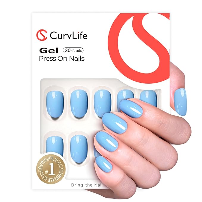 CurvLife Press On Nails Short – 30Pcs Soft Gel Oval Fake Nails, Reusable Glue On Nail Kit with Adhesive Tabs, Natural Fit & Salon-Quality for Women & Girls (Blue Whisper)