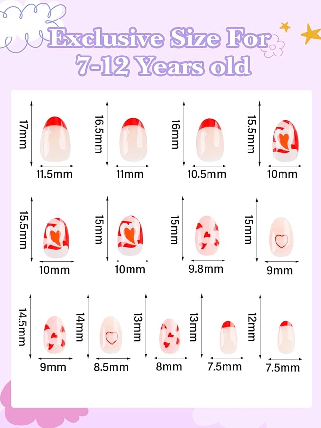 EBANKU 1 Pack Kid Fake Nail Kit, 26 Pieces Press on Nails for Kids Red Heart Press on Nail Short Artificial False Nail Kits for Girls