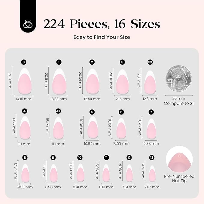 Beetles French Tips Press On Nails: 224 Pcs Pink French Tip Nails Short Almond Fake Nails, Soft Gel Nail Tips False Nails Art DIY For Women,16 Sizes