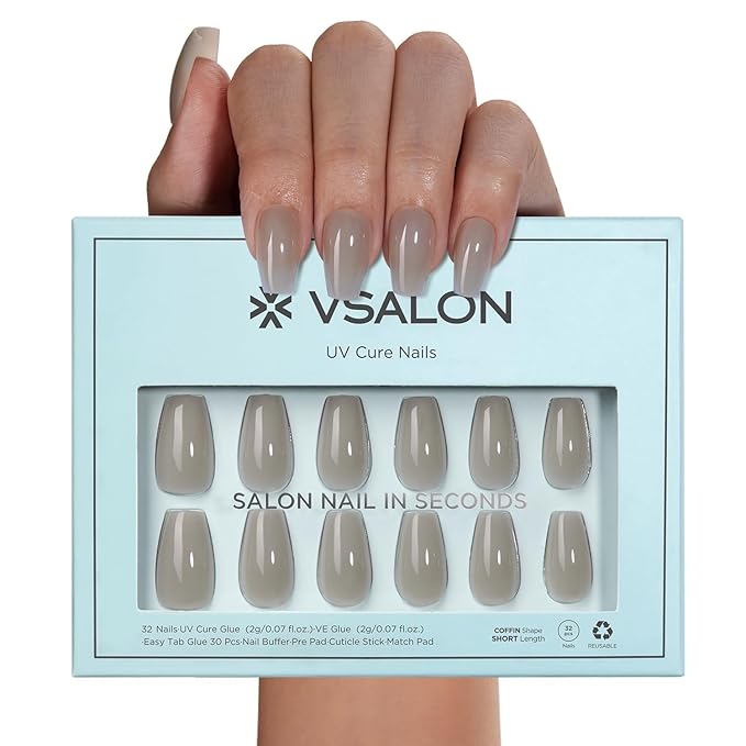 VSALON Coffin Short Press On Nails, Smokey Grey Light Curable Sheer Jelly Finish False Nails, Reusable Gel Glue on Nails Kit with Glue - 32 pcs in 16 Sizes