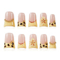 Handmade Press on Nails Short Duck Luxury 3D Leopard Print - Yellow French Tips with Hibiscus Flower Charms, Reusable Thick Acrylic Full Cover (Blush Yellow Leopard Bloom, M)