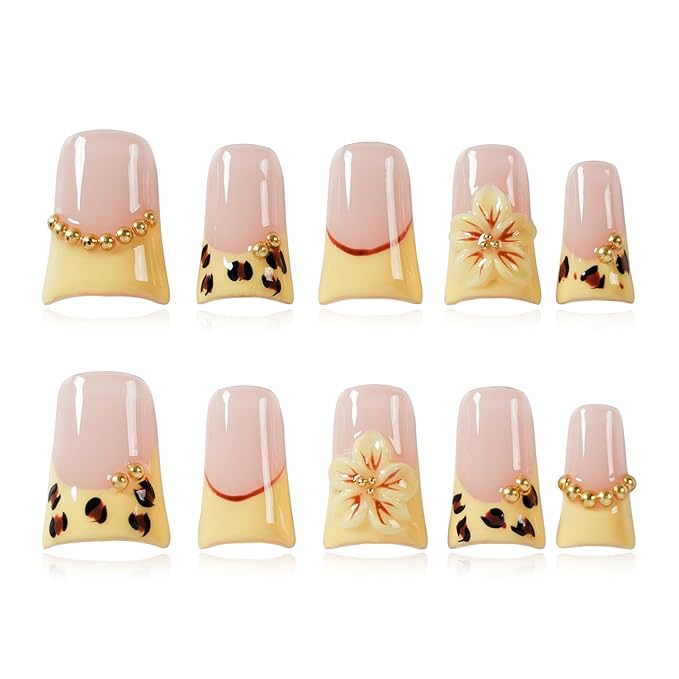 Handmade Press on Nails Short Duck Luxury 3D Leopard Print - Yellow French Tips with Hibiscus Flower Charms, Reusable Thick Acrylic Full Cover (Blush Yellow Leopard Bloom, M)