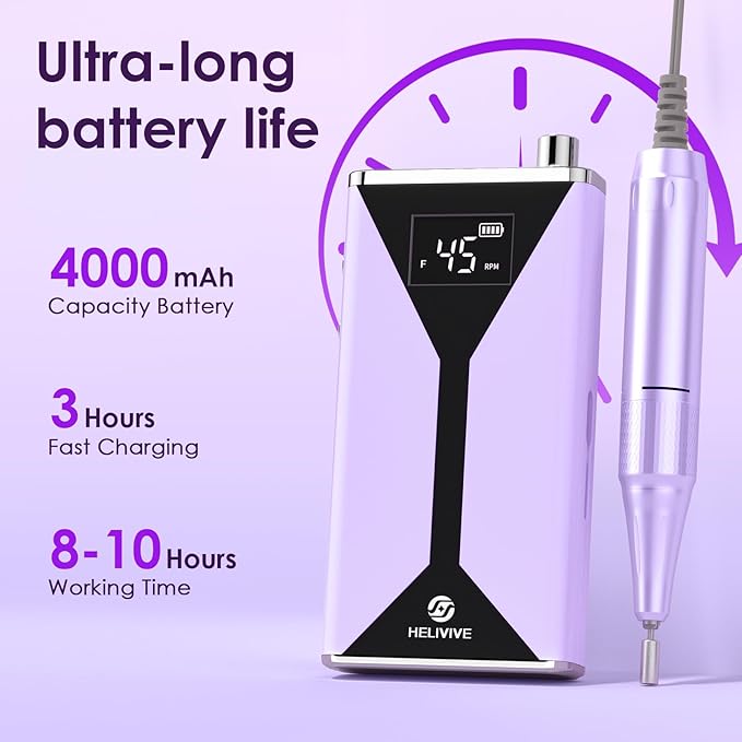 Professional Electric Nail Drill 45000RPM (Portable & Rechargeable) (with 11 Drill Bits ) Cordless Nail File Machine for Shaping, Polishing & Removing Gel Nails for Salon Home(Purple)
