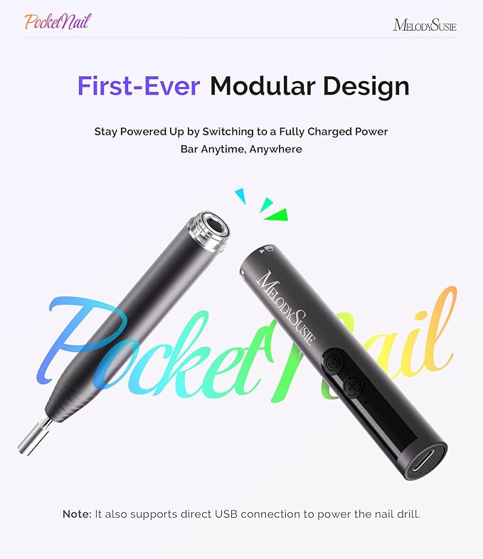 MelodySusie PocketNail Pen-Shaped Cordless Modular Nail Drill, PC100GR 20000RPM Slim Portable Rechargeable Electric File for Manicure Pedicure Nail Care, Shaping & Gel Removal at Home for Beginners