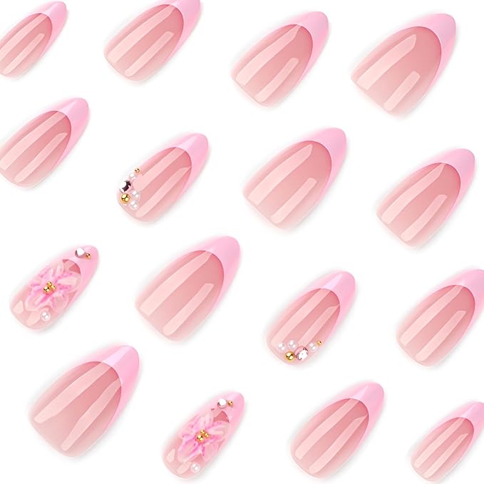 24Pcs French Tip Press on Nails Medium Almond Fake Nails 3D Flower Nails Press Ons Pink Glitter False Nails Glossy Glue on Nail with Pearl Design Acrylic Stick on Nail for Women Decorations set