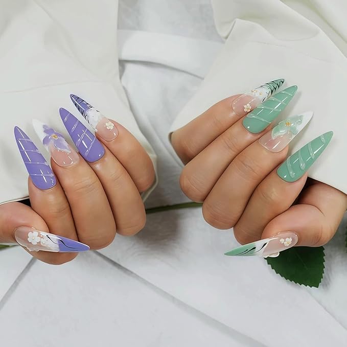 Floral Press on Nails Long Almond - French Tip Design with 3D Hibiscus Flowers Pearl Purple Green Ombre Leopard Print, Nails Arts and Crafts for Women (Flower Fairy, M)