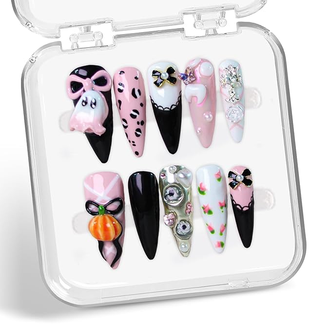Handmade Press on Nails 3D Bow Pearl Art Desigen False Nails Reusable ABS Material Fake Nail Halloween Cartoon Little Ghost & Pumpkin Designs Cute Halloween Thicked Stick on Nails for Women (Size S)