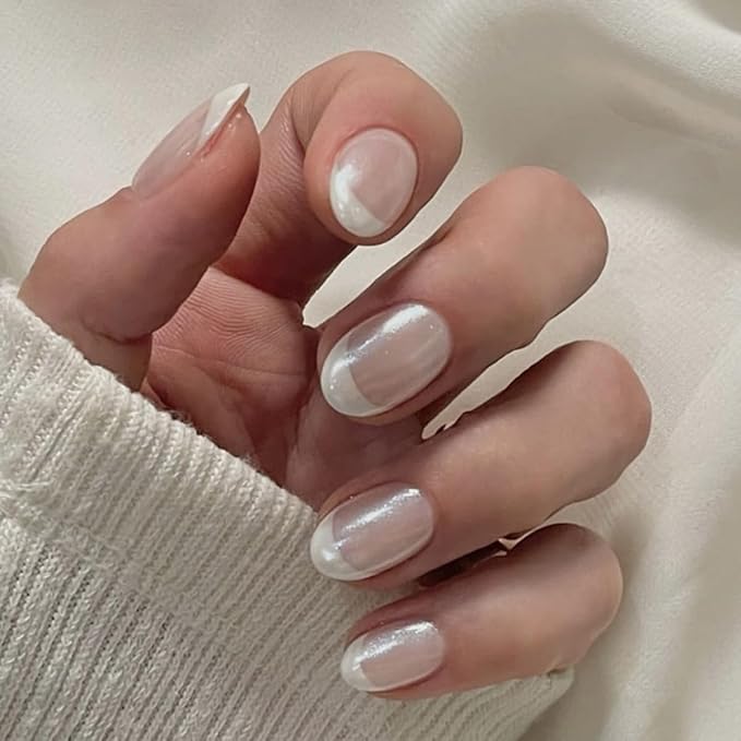 Pearl Glossy Press on Nails Short Oval Fake Nails French Nails Press ons with Design Full Cover Stick on Nails for Women Manicure,Reusable | Artificial | Nail Sticky Tabs | Easy Apply | 24 Pcs