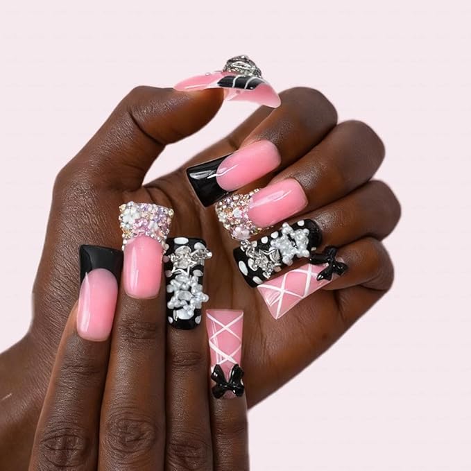 10 Pieces Luxury Acrylic Press On Nails Long Handmade Duck Nails, Black Thickened False French Nails, With 3D Bowknot And Stars, Reusable Fake Nails, Acrylic Nails (M)