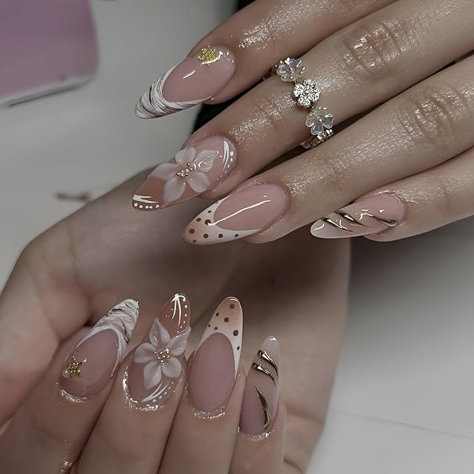 French Tip Fake Nails Medium Almond Press on Nails Embossed Flower Nails Press Ons Polka Dot False Nails Nude Glossy Glue no Nail Gold Line Acrylic Stick on Nail for Women Decoration 24Pcs