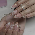 French Tip Fake Nails Medium Almond Press on Nails Embossed Flower Nails Press Ons Polka Dot False Nails Nude Glossy Glue no Nail Gold Line Acrylic Stick on Nail for Women Decoration 24Pcs