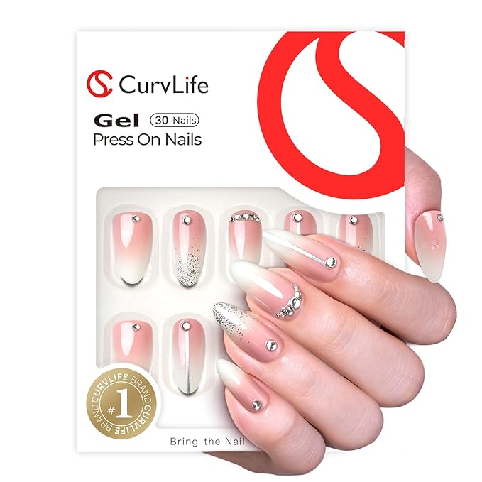CurvLife Press On Nails Long Almond Pink Ombre French Tip, Soft Gel Glossy Fake Nails, Reusable Durable Salon Look Manicure for Women Teens Beginners, 30pcs, Daily Wear for Work Party